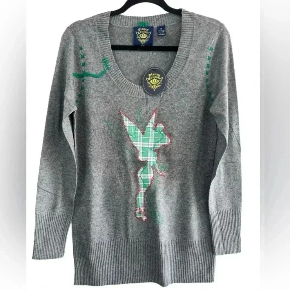 New Disney Couture Cashmere  Silk Tinker Bell Gray Sweater sizes M/L